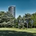 Hochhausgebäude vor einer Wiese in Bonn. 