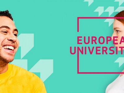 Ein Mann und eine Frau mit Text European Universities