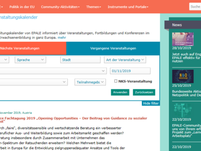 Screenshot der EPALE-Webseite mit der Veranstaltungsübersicht