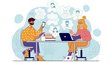 Zwei Personen sitzen an einem Schreibtisch und arbeiten gemeinsam online. Die linke Person hält ein Smartphone und ein Buch, während die rechte Person mit einem Laptop und einem Buch arbeitet. Im Hintergrund sind stilisierte Profilbilder weiterer Personen zu sehen, die ein virtuelles Netzwerk oder Online-Meeting darstellen.