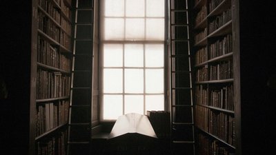 Ein schmaler Gang in einer alten Bibliothek mit hohen Bücherregalen auf beiden Seiten. Zwei Leitern sind an den Regalen angelehnt, und ein großes Fenster mit getrübtem Glas lässt diffuses Licht herein. Im Vordergrund steht ein Lesepult.