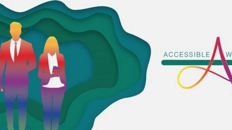 Drei Farbenfrohe Silhouetten, neben ihnen das "Accesible Work 4 All" Logo