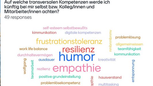 Wortwolke - meistgenannte Begriffe sind Humor, Empathie, Resilienz, Frustrationstoleranz