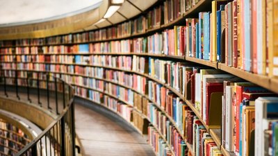 Eine große, geschwungene Bücherregalwand in einer Bibliothek, gefüllt mit bunten Büchern. Ein schmaler, hölzerner Gang mit einem Geländer führt entlang der Regale.