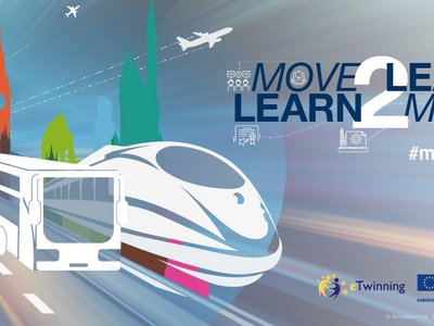 Grafik mit Zug und Bus und Stadt im Hintergrund. Mit dem Schriftzug "move 2 learn"