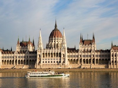  Parliament building in Budapest, with river in front of it.