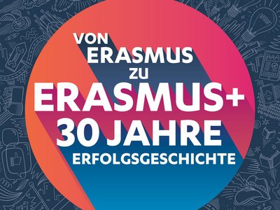 Logo mit Text "Von Erasmus zu Erasmus+ 30 Jahre Erfolgsgeschichte"