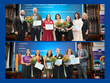 ELL Gewinner:innen: Zwei Fotos von Menschen auf der Bühne, die Preise und Blumen in den Händen halten