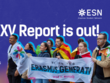 Eine Grafik mit dem Text "ESNsurvey XV Report is out!" und einer Abbildung von Studierenden mit einem Banner.