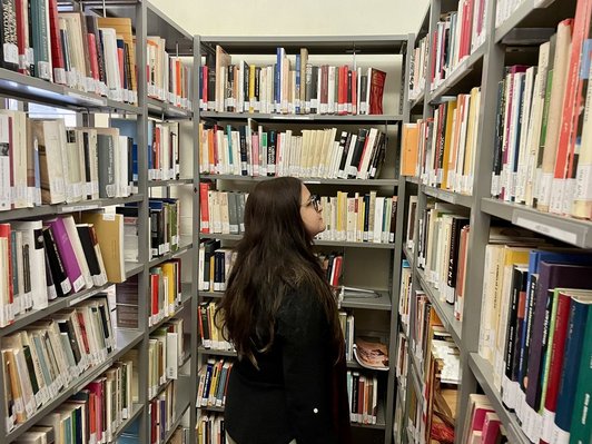 Dame sucht in Bibliothek nach einem Buch