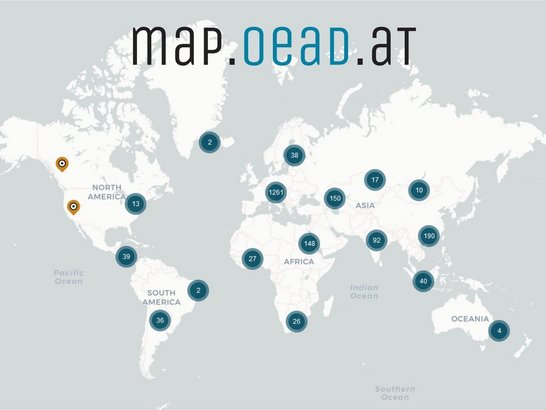 Weltkarte mit markierten Standorten und Projekten des OeAD auf map.oead.at.