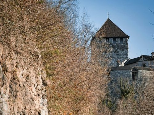 Ruhige Straße die zu einer mittelalterlichen Burg in Liechtenstein führt.