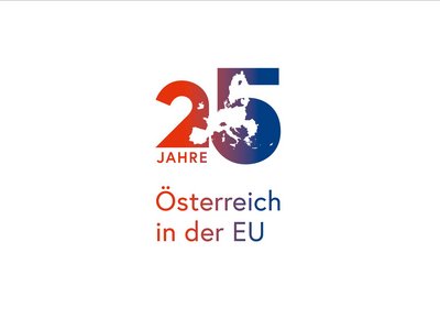 Anniversary motif with the wording “25 years AT in EU” in blue and red.