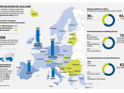 Graph showing the destination countries of people who go abroad via an OeAD program