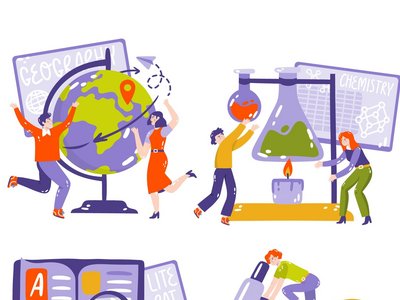Illustration von Studierenden, die verschiedene Schulfächer erkunden: Eine Gruppe arbeitet mit einem Globus im Fach Geografie, eine andere führt chemische Experimente durch, weitere lesen Literatur und analysieren Texte, und zwei Personen betrachten biologische Strukturen mit einem Mikroskop.
