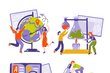 Illustration von Studierenden, die verschiedene Schulfächer erkunden: Eine Gruppe arbeitet mit einem Globus im Fach Geografie, eine andere führt chemische Experimente durch, weitere lesen Literatur und analysieren Texte, und zwei Personen betrachten biologische Strukturen mit einem Mikroskop.