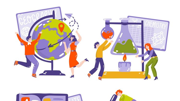 Illustration von Studierenden, die verschiedene Schulfächer erkunden: Eine Gruppe arbeitet mit einem Globus im Fach Geografie, eine andere führt chemische Experimente durch, weitere lesen Literatur und analysieren Texte, und zwei Personen betrachten biologische Strukturen mit einem Mikroskop.