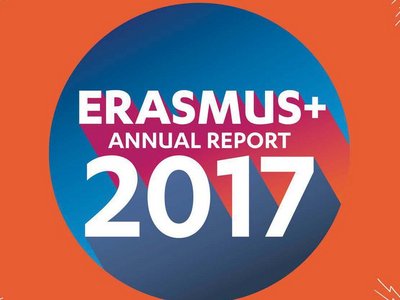 Auf roten Hintergrund ist ein blauer Kreis auf dem mit weißer Schrift Erasmus+ Annual Report 2017 steht