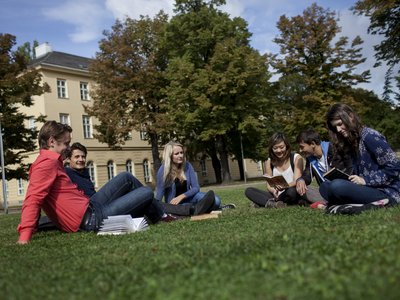 Eine Gruppe junger Erwachsener sitzt auf einer Wiese