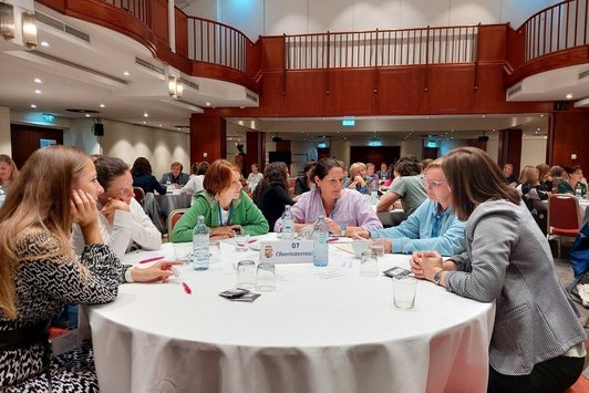 In einem Konferenzraum sitzen mehrere Personen an einem runden Tisch und sprechen miteinander