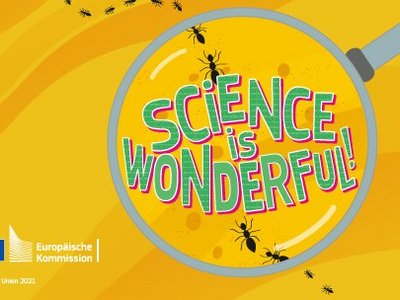 Logo von Science is wonderful: Zu sehen ist eine Lupe, die eine Ameisenstraße verfolgt. Der Titel ist ebenfalls in der Lupe zu sehen.