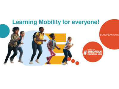 Fünf Menschen, die laufen sowie ein Schriftzug "Learning Mobility for everyone!"