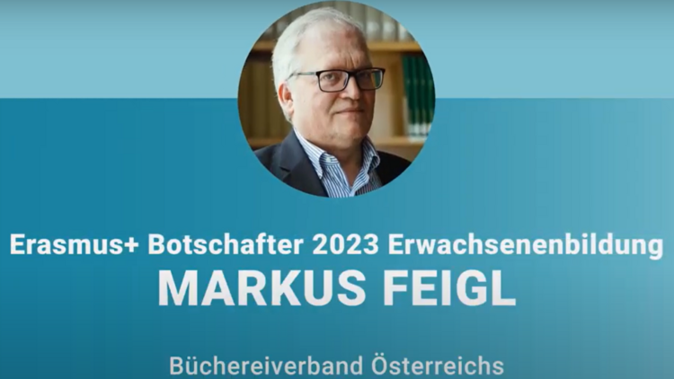 Foto von Herrn Feil + Schriftzug "Erasmus+ Botschafter 2023 Erwachsenenbildung: Markus Feigl"