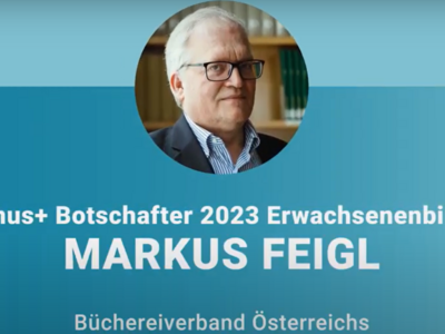 Foto von Herrn Feil + Schriftzug "Erasmus+ Botschafter 2023 Erwachsenenbildung: Markus Feigl"