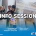 Der Text Info Session steht in weißer Schrift über Bildern von einer Gruppe von Menschen und einem alten Gebäude.