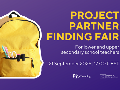 Man sieht einen gelben Rucksack auf lila Hintergrund. Es steht "Projekt Partner Finding Fair" geschrieben sowie die Zeit des Webinars