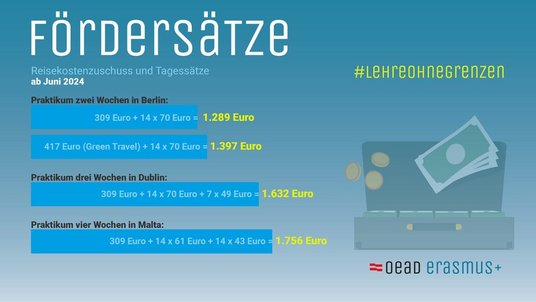 Praktikum für 2 Wochen in Berlin:  Reisekostenzuschuss + Tagessätze: 275 Euro + 14x36 Euro = 779 Euro  Reisekostenzuschuss (Green Travel) + Tagesätze: 320 Euro + 14x36 Euro = 824 Euro  Organisatorische Unterstützung: 350 Euro  Praktikum für 3 Wochen in Dublin:  Reisekostenzuschuss + Tagessätze: 275 Euro + 14x42 Euro + 7x29 Euro = 1.066 Euro  Organisatorische Unterstützung: 350 Euro  Praktikum für 4 Wochen in Malta:  Reisekostenzuschuss + Tagessätze: 275 Euro + 14x36 Euro + 14x25 Euro = 1.129 Euro  Organisatorische Unterstützung: 350 Euro